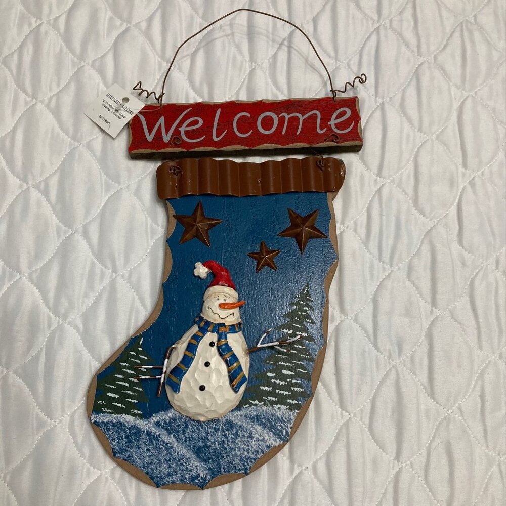 NWT * Blue Wooden Welcome Stocking